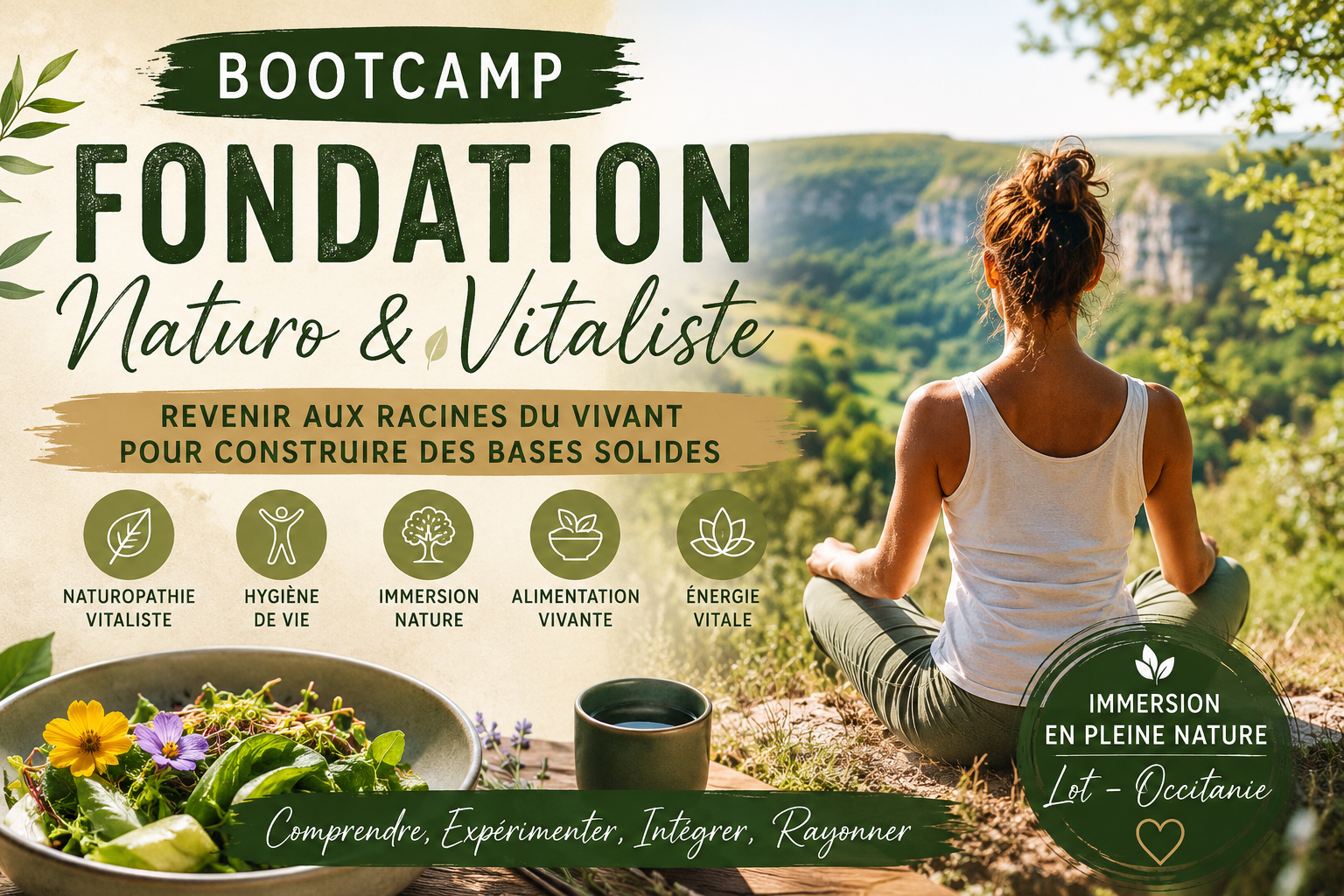 Immersion en pleine nature au cœur du Lot pour découvrir les fondements de la naturopathie vitaliste, de l’hygiène de vie naturelle et de la reconnexion au vivant. Le Bootcamp Fondation Naturo & Vitaliste propose une expérience immersive mêlant alimentation vivante, nature, énergie vitale, pratiques naturopathiques et retour aux lois naturelles.